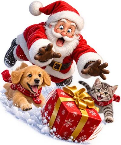Santa Claus Playing With Puppy And Kitten In Snow