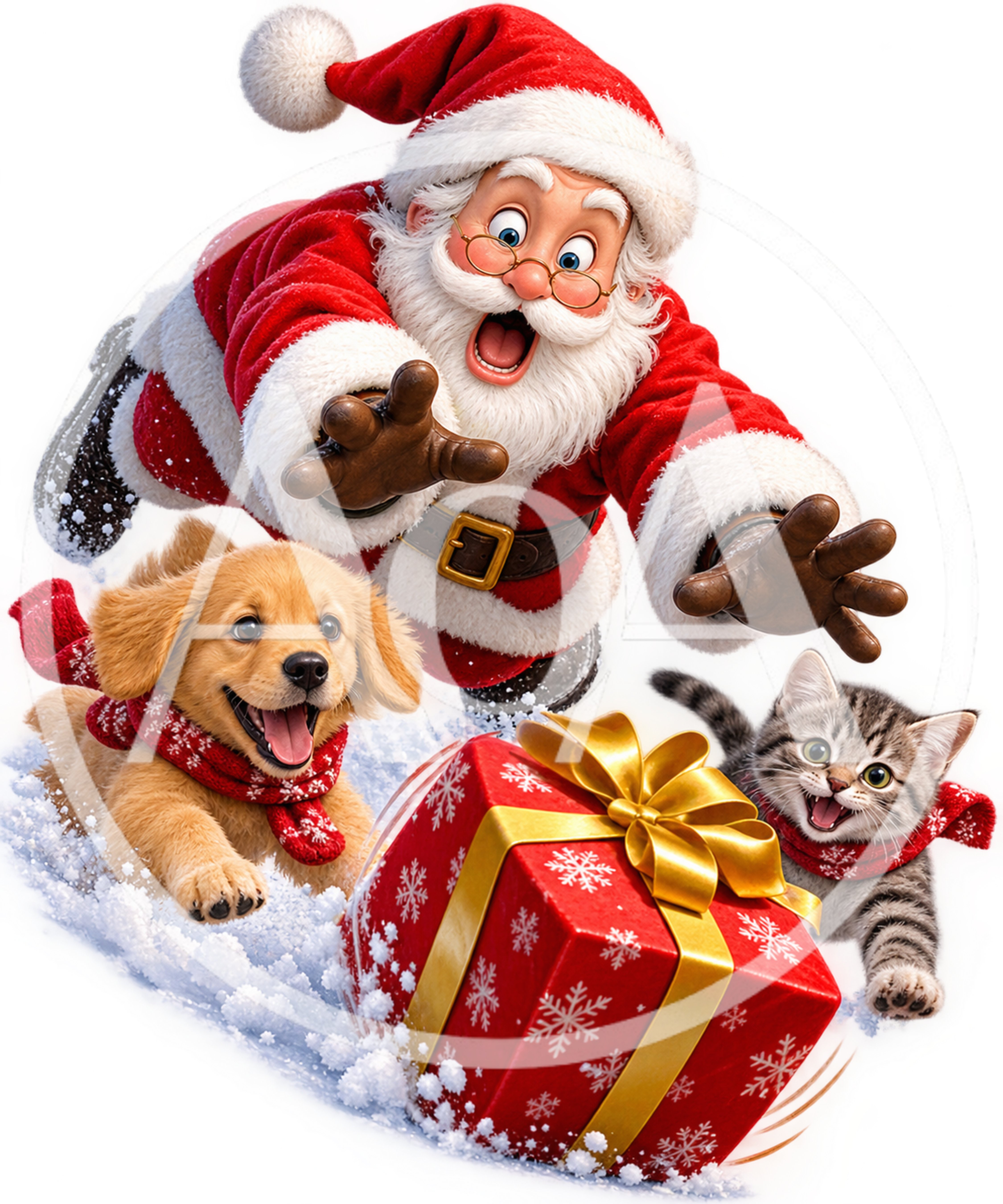 Santa Claus Playing With Puppy And Kitten In Snow