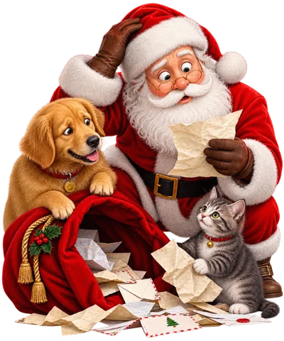 Santa Claus Reading Letters With Puppy And Kitten