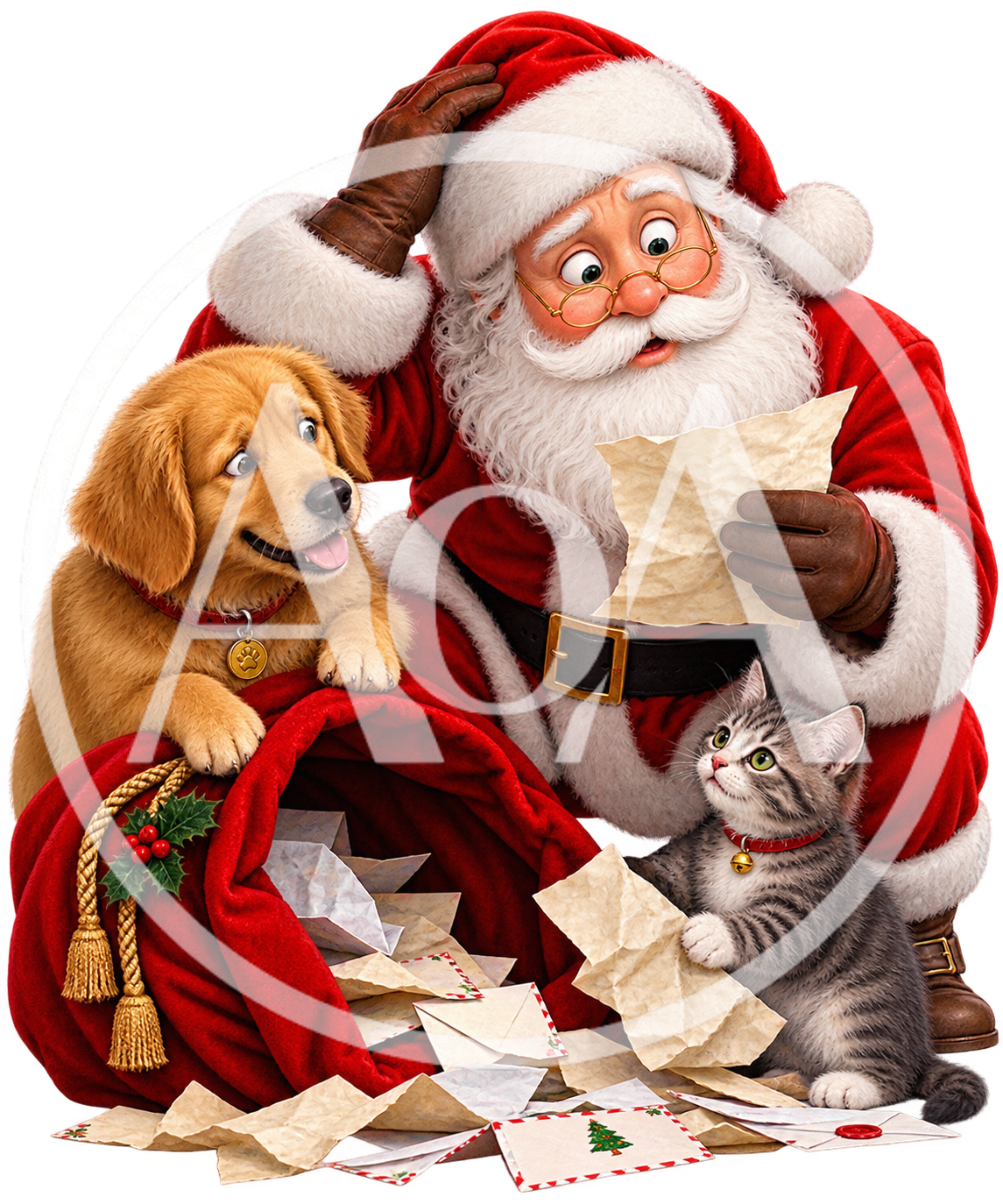 Santa Claus Reading Letters With Puppy And Kitten