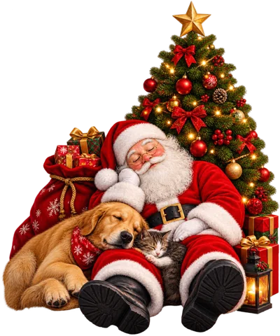 Santa Claus Sleeping With Dog And Kitten