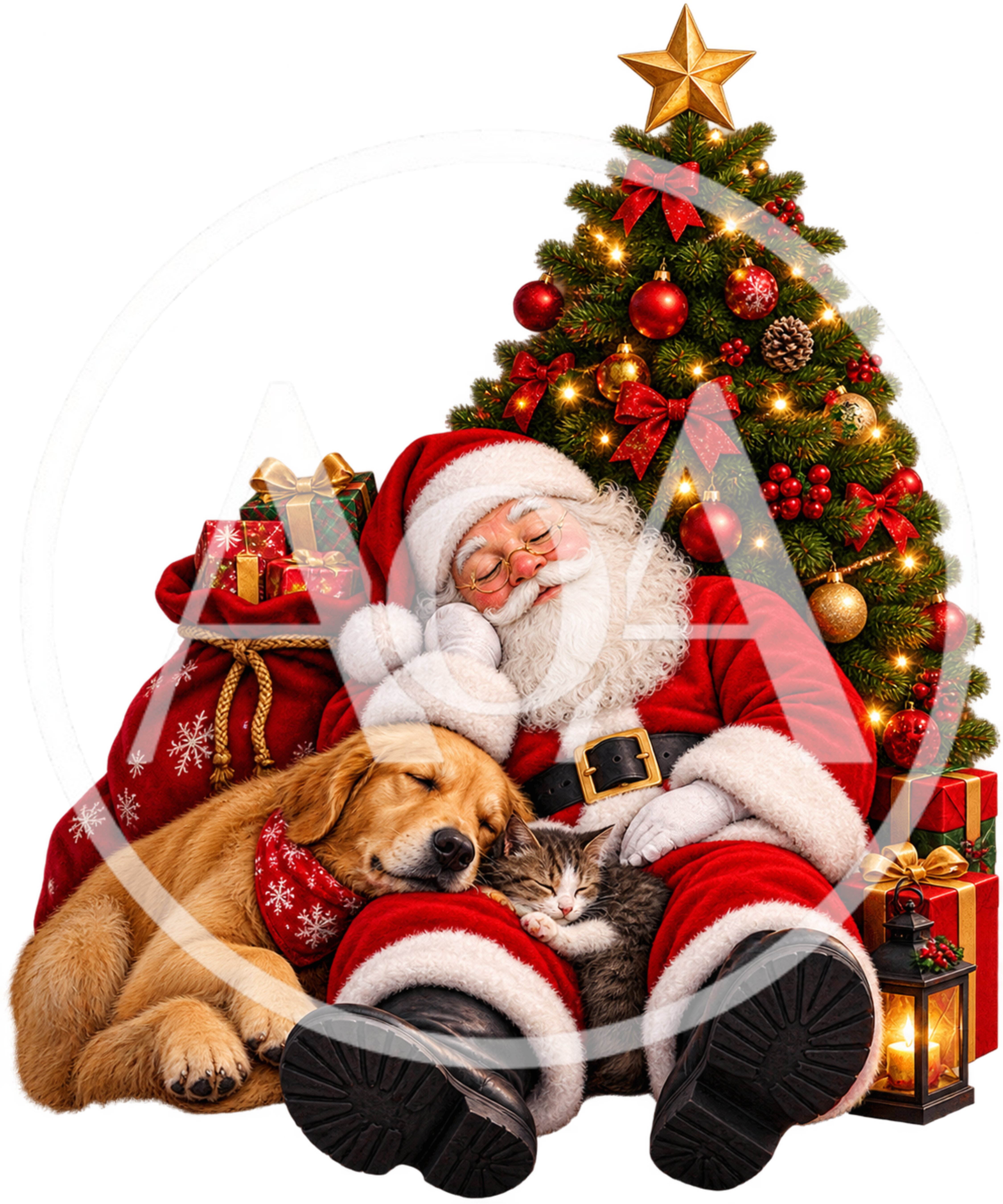 Santa Claus Sleeping With Dog And Kitten