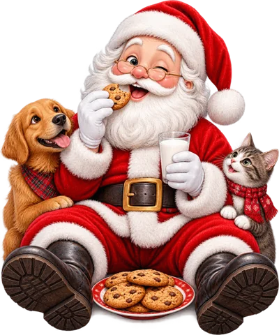 Santa Claus Eating Cookies With A Puppy And Kitten