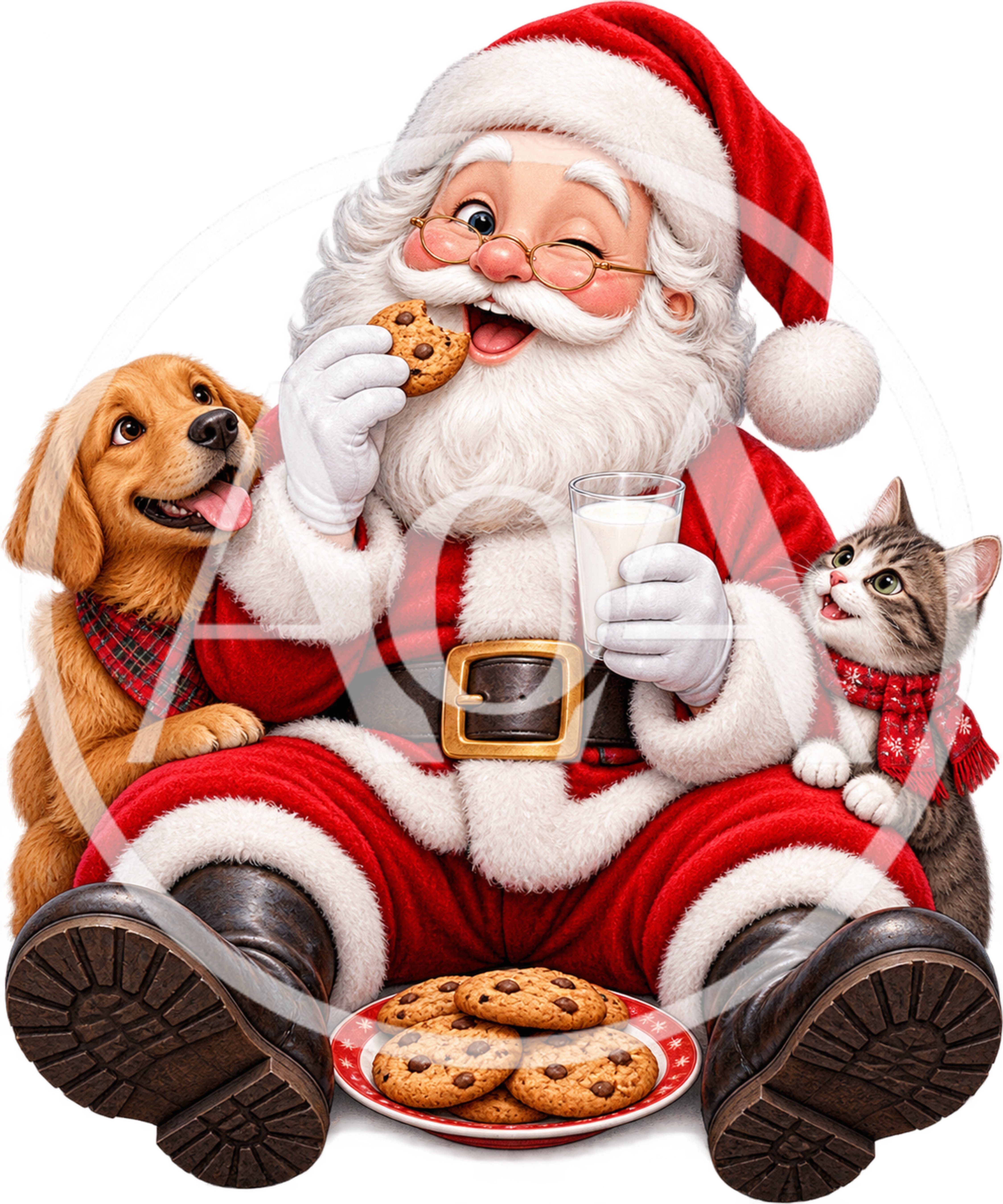 Santa Claus Eating Cookies With A Puppy And Kitten
