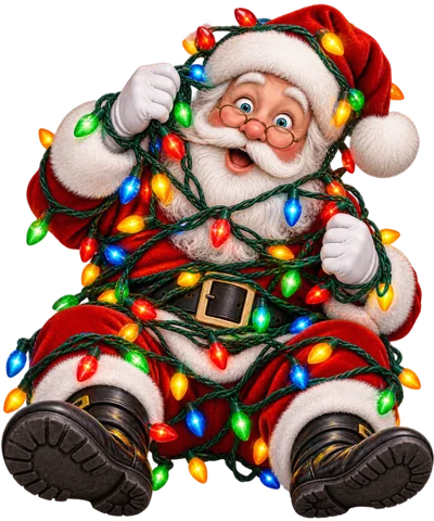 Santa Claus Tangled In Colorful Christmas String Lights