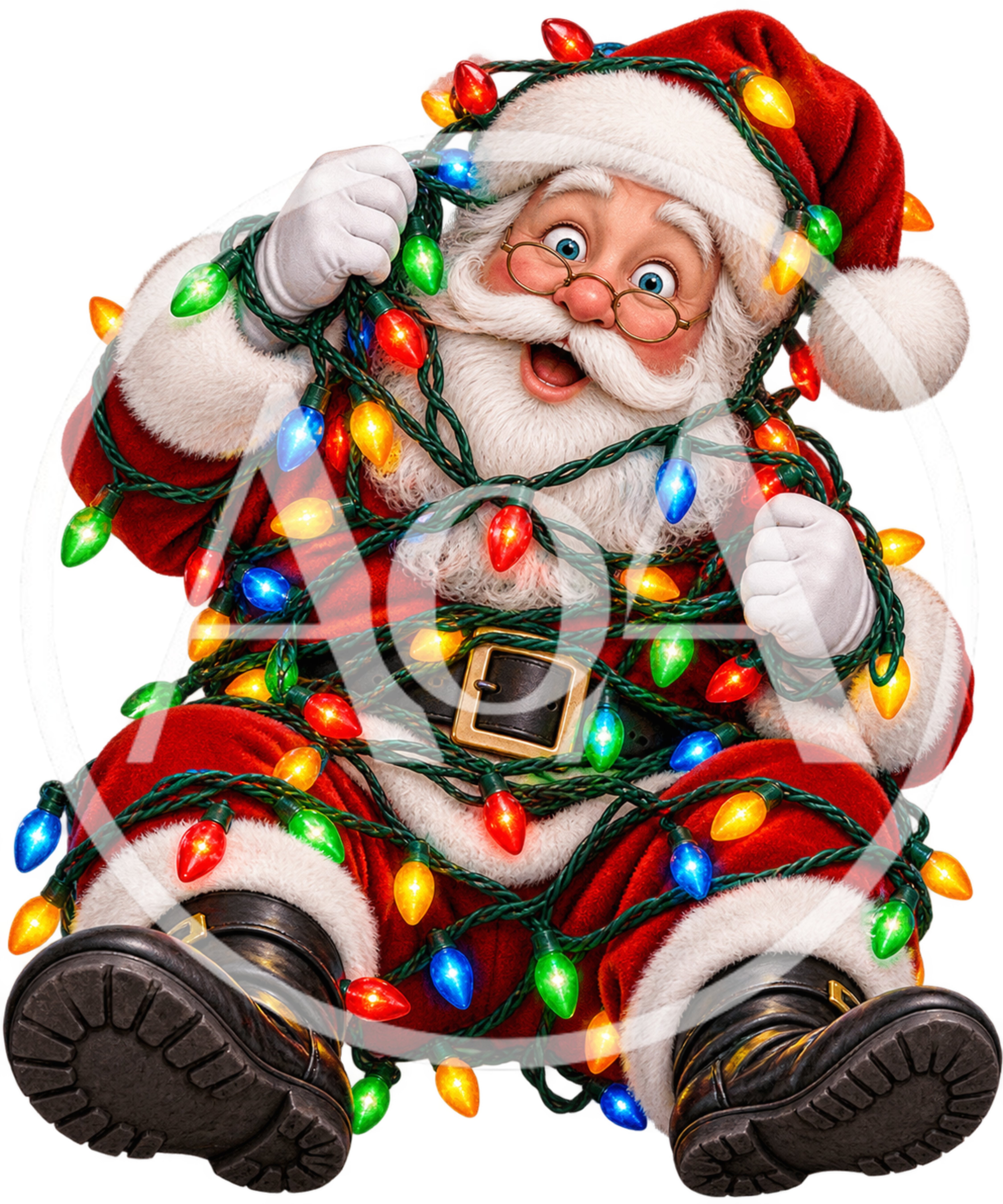Santa Claus Tangled In Colorful Christmas String Lights