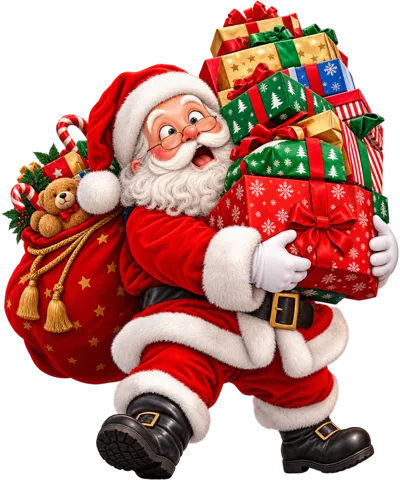 Santa Claus Carrying A Large Stack Of Christmas Gifts