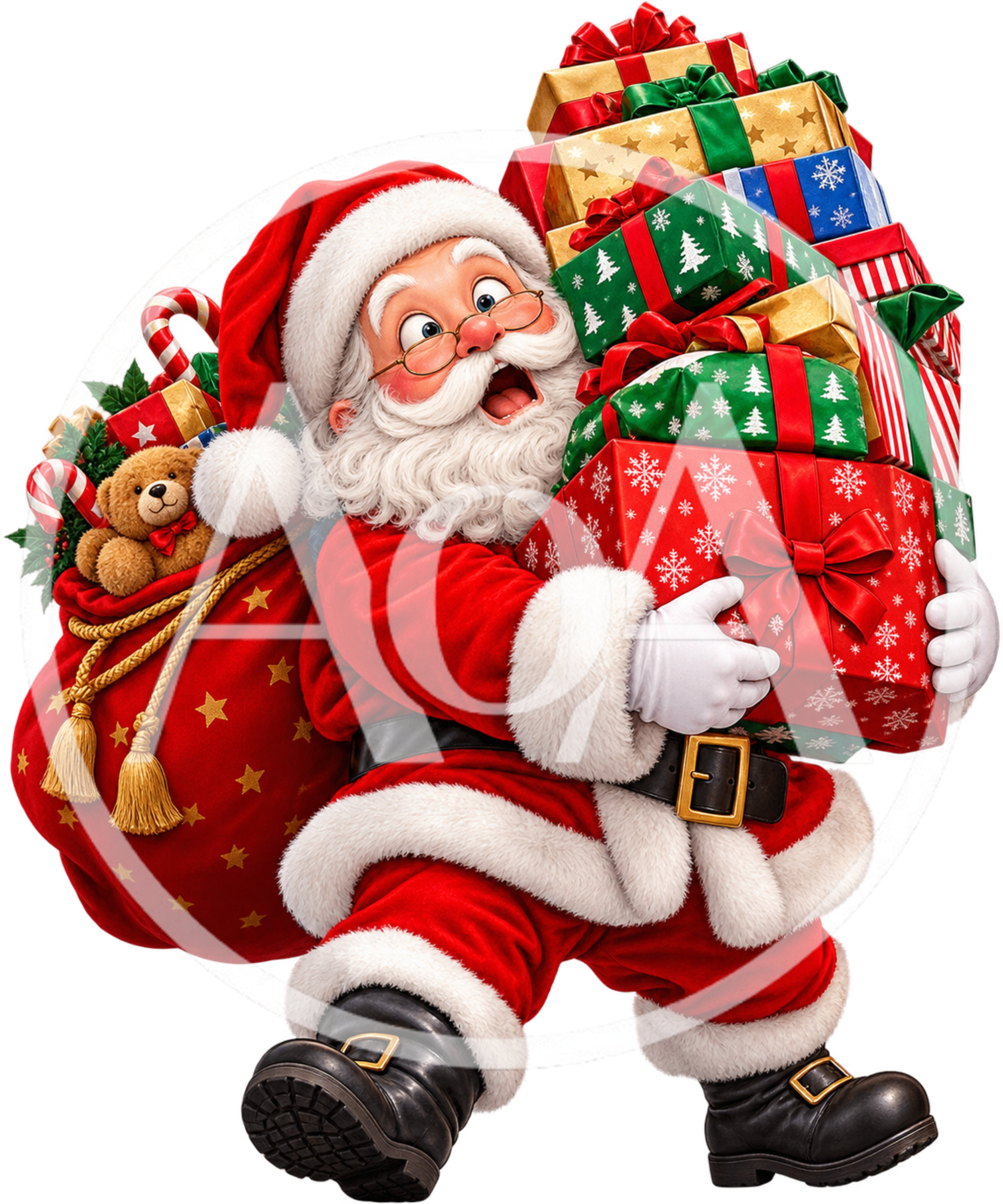 Santa Claus Carrying A Large Stack Of Christmas Gifts