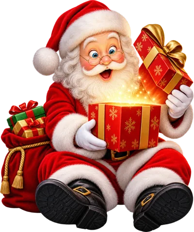 Santa Claus Opening A Glowing Christmas Gift