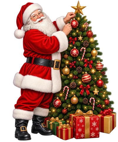 Santa Claus Decorating A Christmas Tree With Gifts