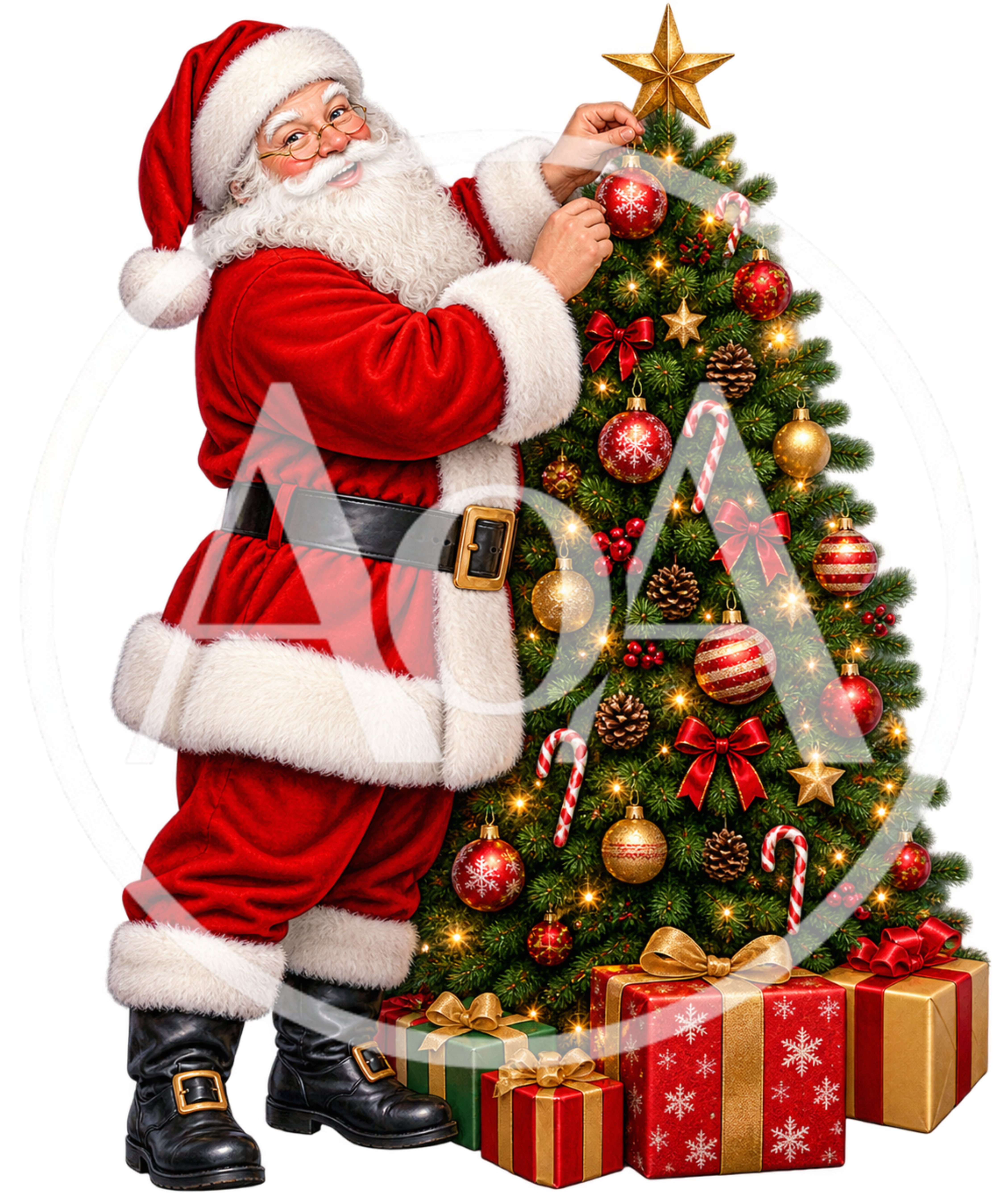 Santa Claus Decorating A Christmas Tree With Gifts