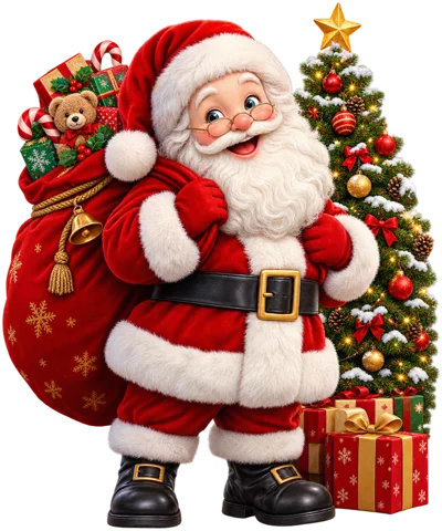 Cheerful Santa Claus Standing With Christmas Tree And Gifts