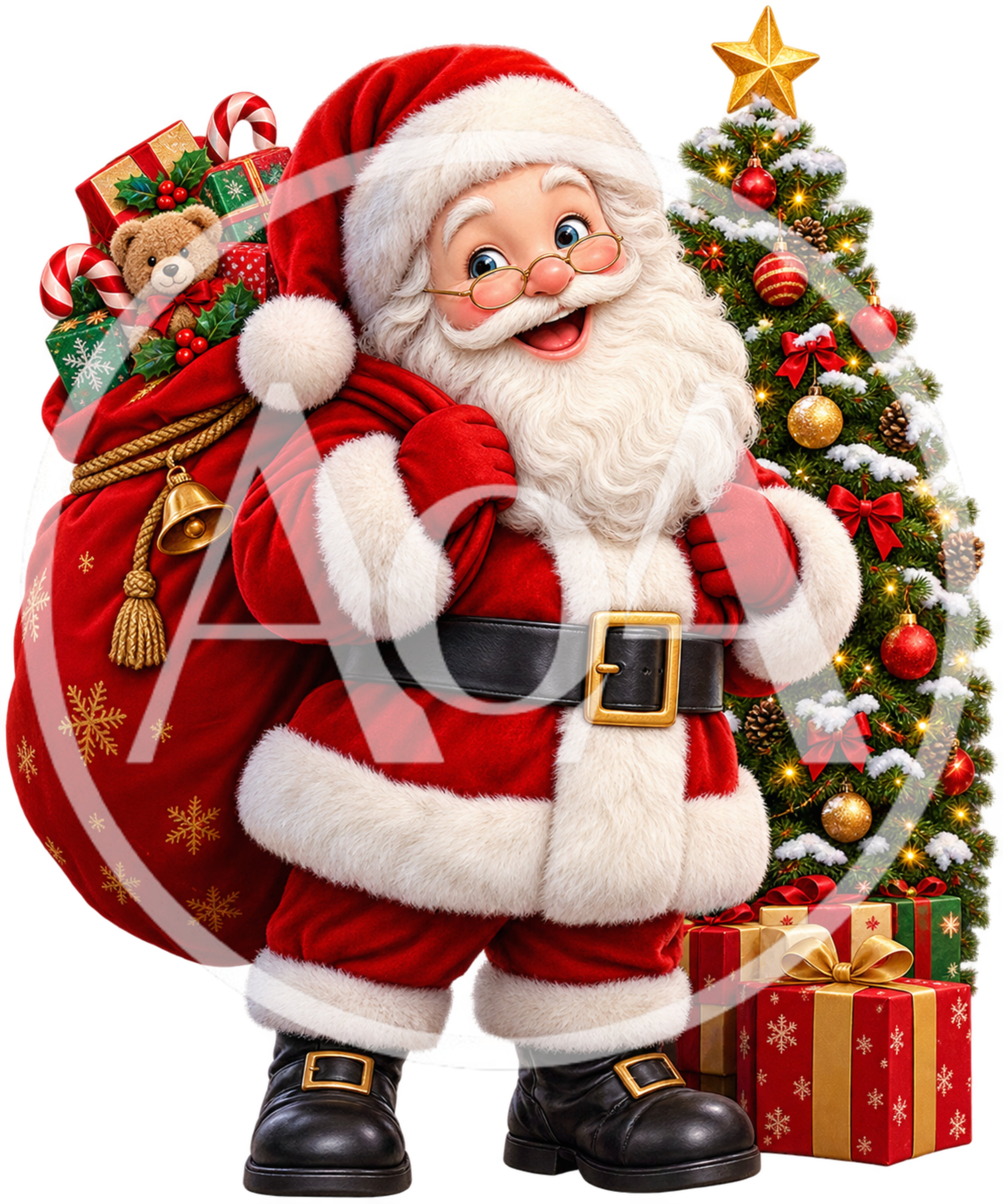 Cheerful Santa Claus Standing With Christmas Tree And Gifts