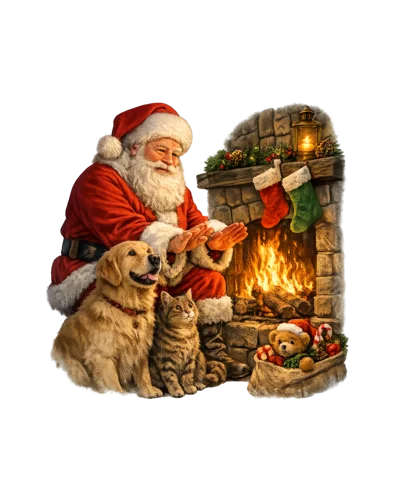 Santa Claus Warming Hands By A Cozy Fireplace