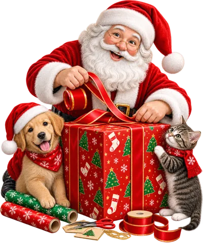 Santa Claus Wrapping Christmas Gift With Puppy And Kitten