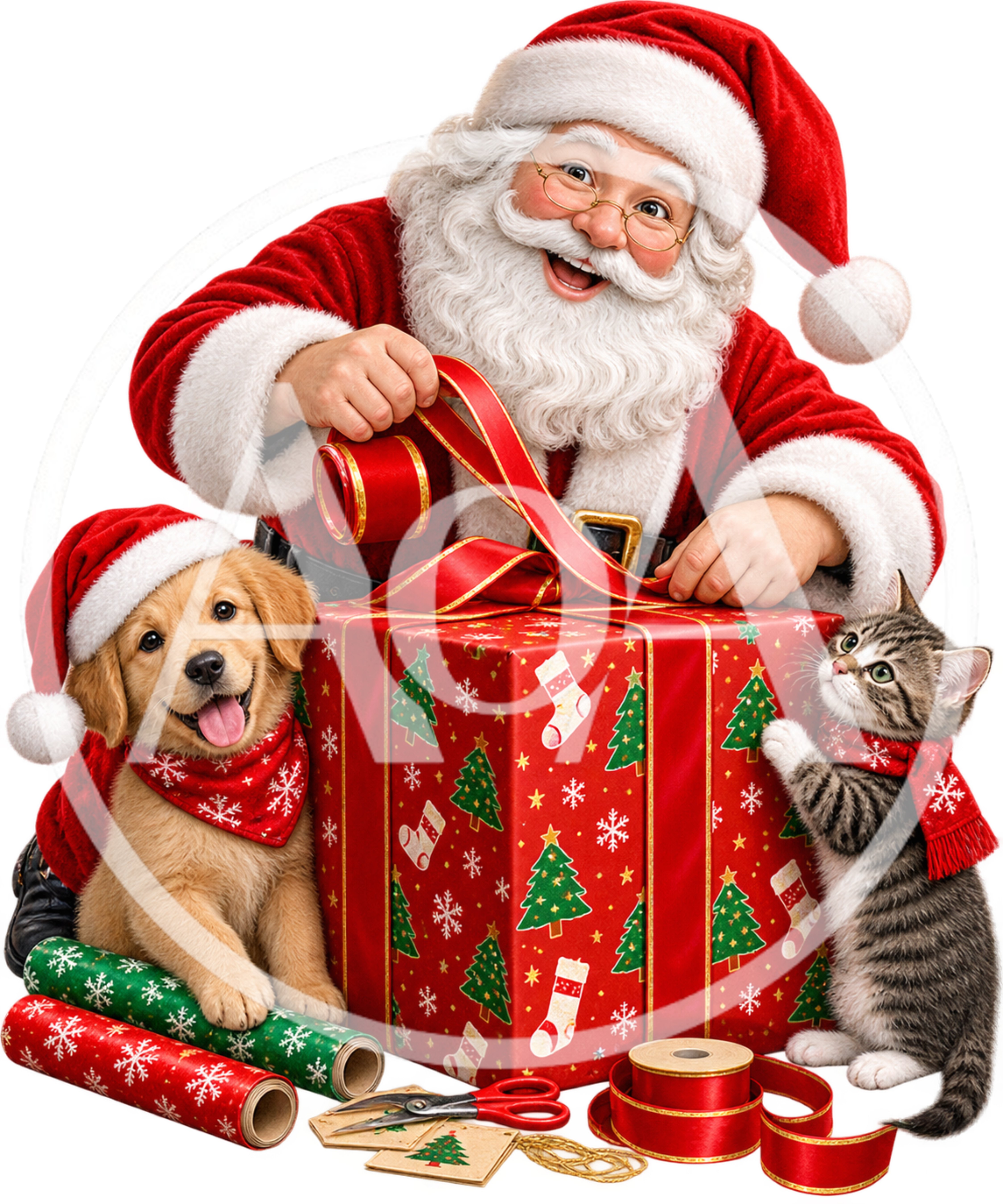 Santa Claus Wrapping Christmas Gift With Puppy And Kitten