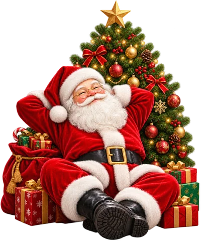 Santa Claus Relaxing Against A Decorated Christmas Tree