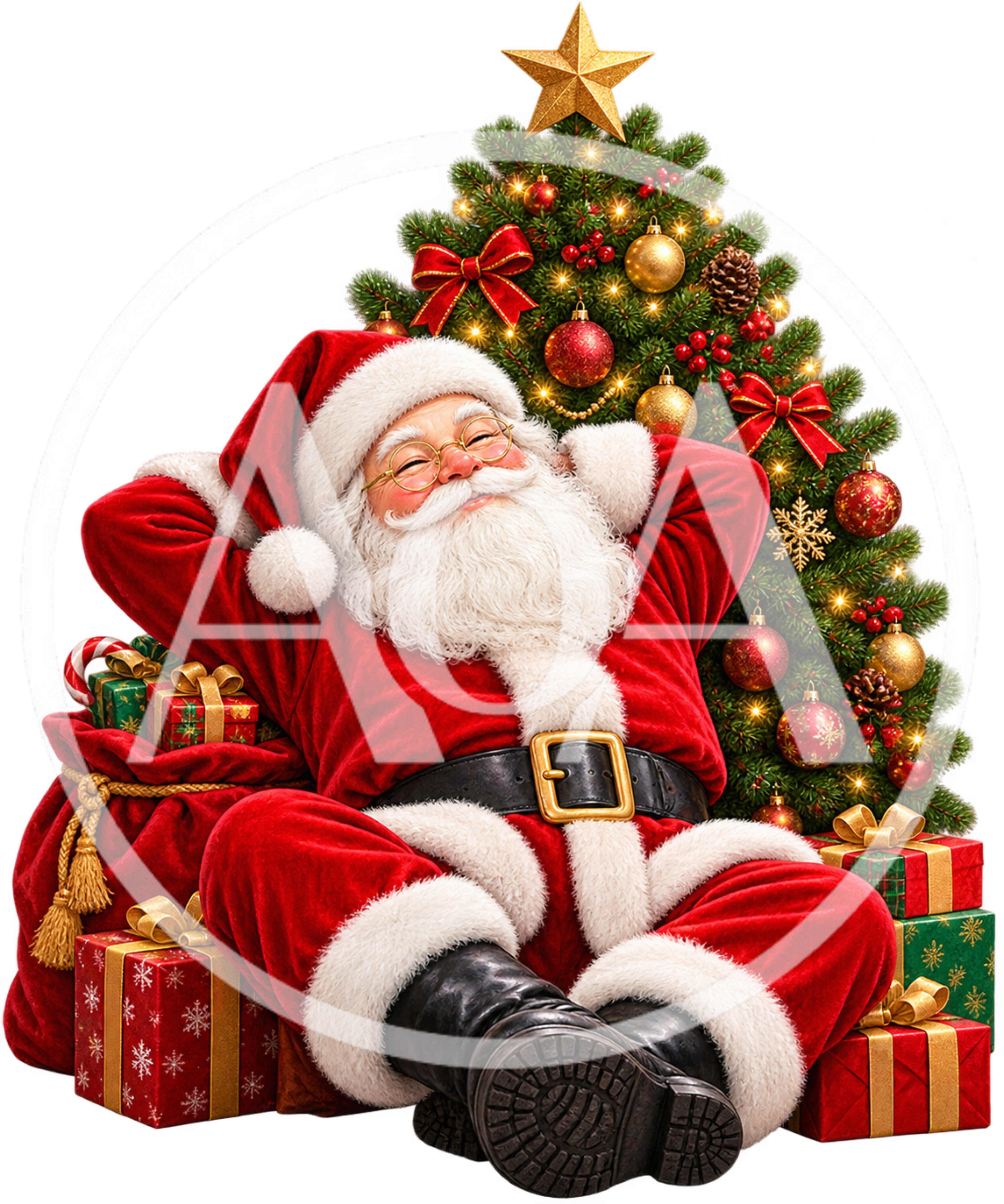Santa Claus Relaxing Against A Decorated Christmas Tree