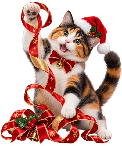 Calico Cat Wearing Santa Hat Playing With Christmas Ribbon