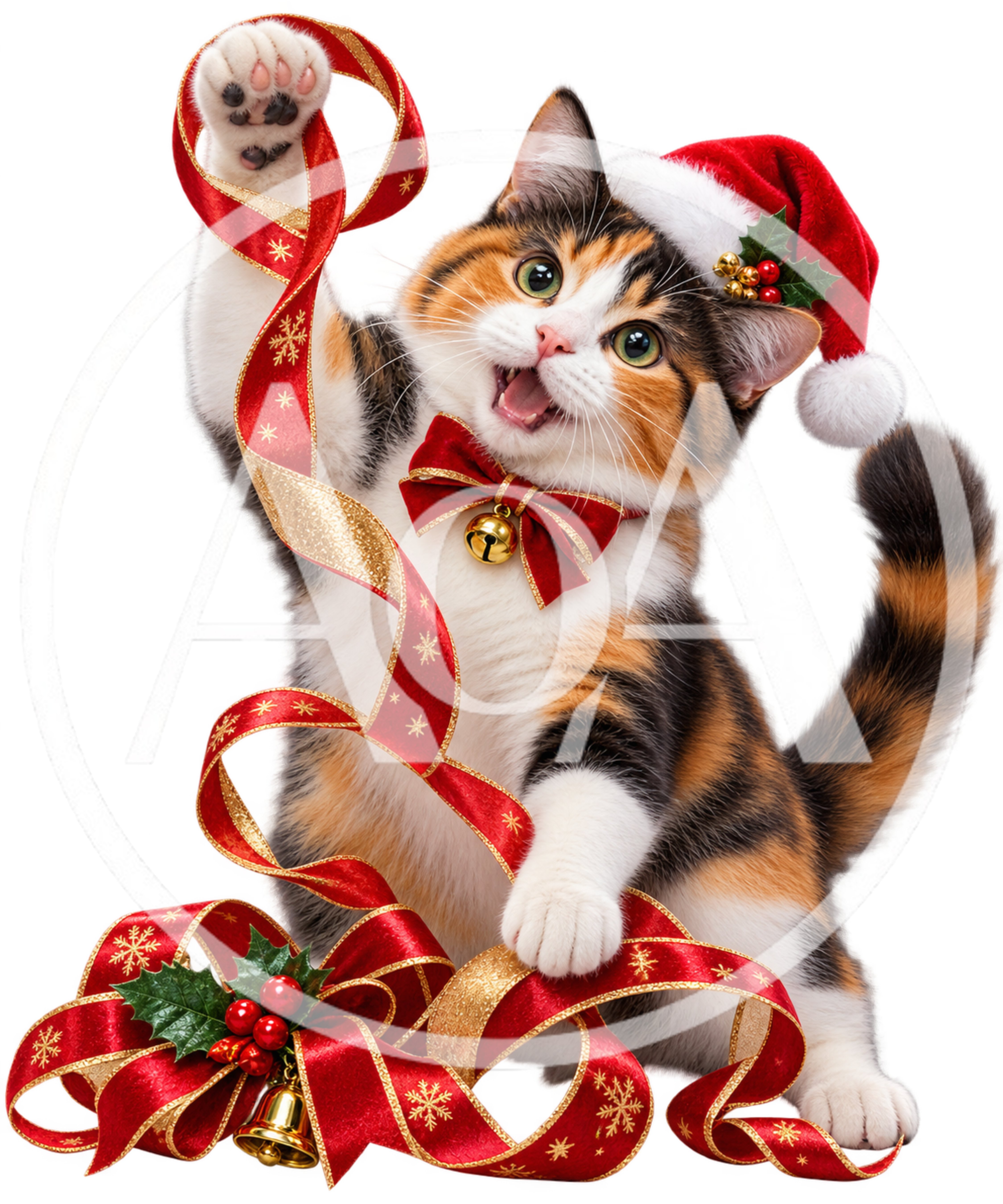 Calico Cat Wearing Santa Hat Playing With Christmas Ribbon