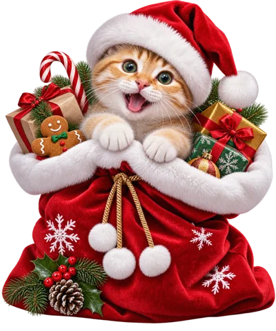 Cute Ginger Kitten Inside A Christmas Santa Sack
