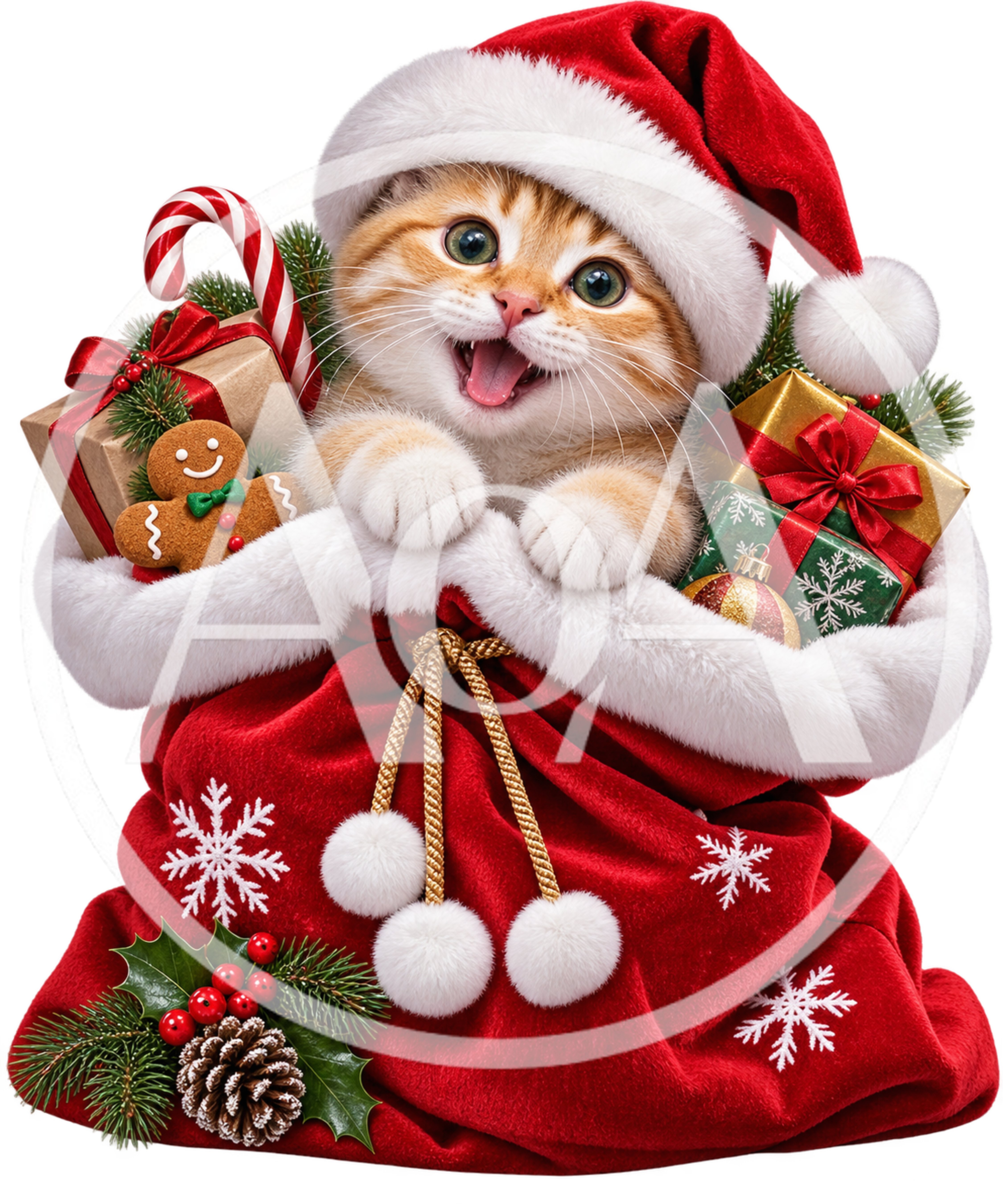 Cute Ginger Kitten Inside A Christmas Santa Sack