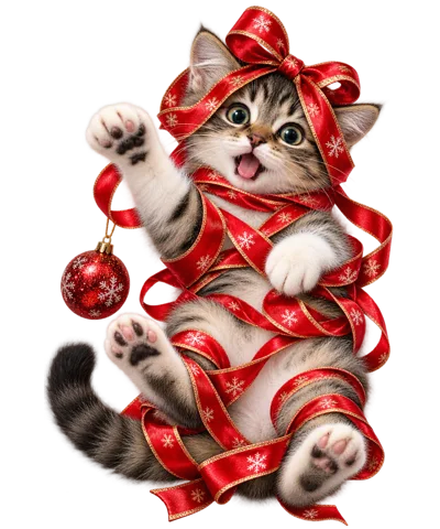 Cute Tabby Kitten Wrapped In Red Christmas Ribbon