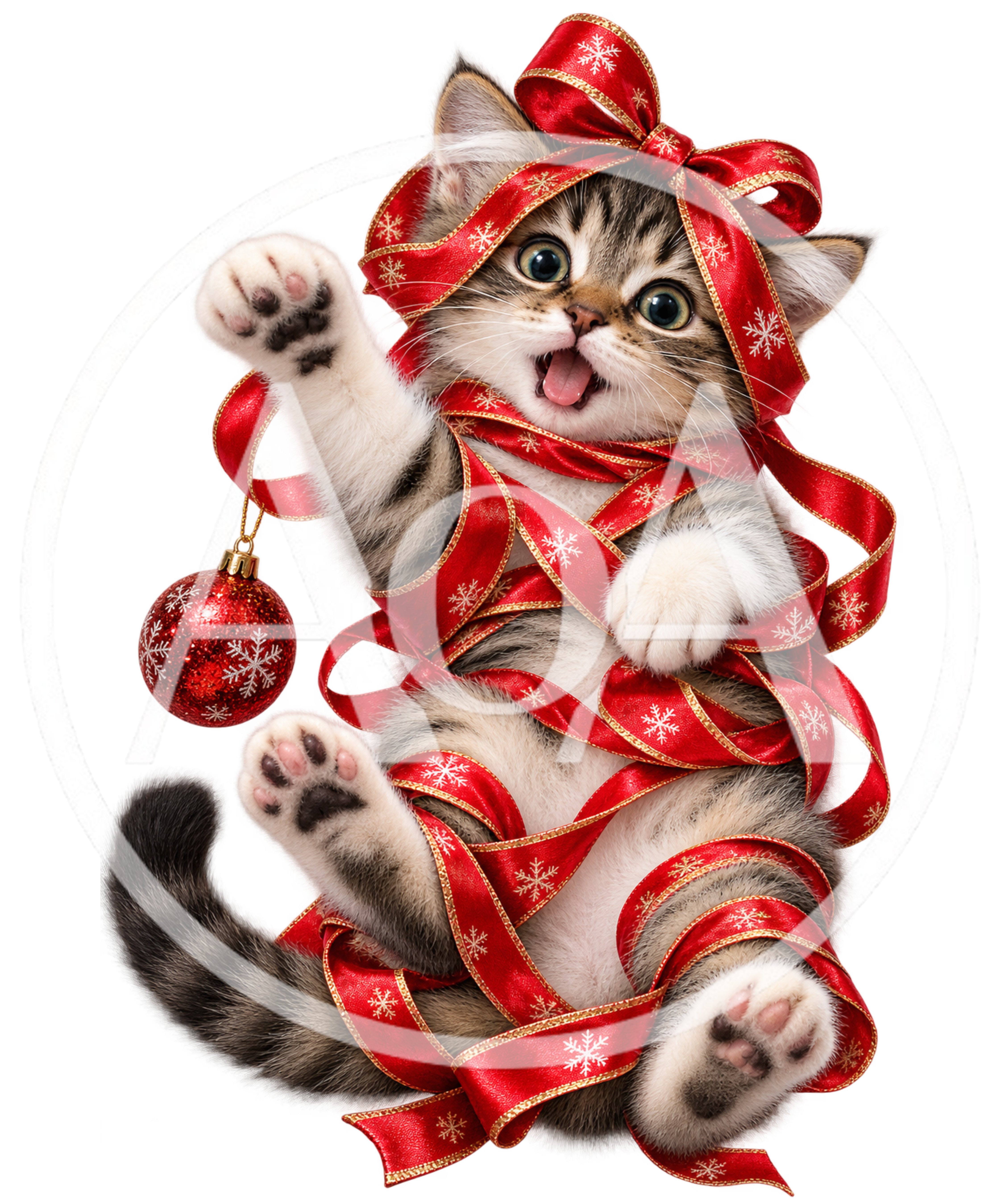 Cute Tabby Kitten Wrapped In Red Christmas Ribbon