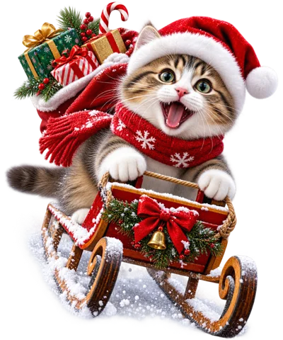 Cute Tabby Kitten Riding A Christmas Sleigh