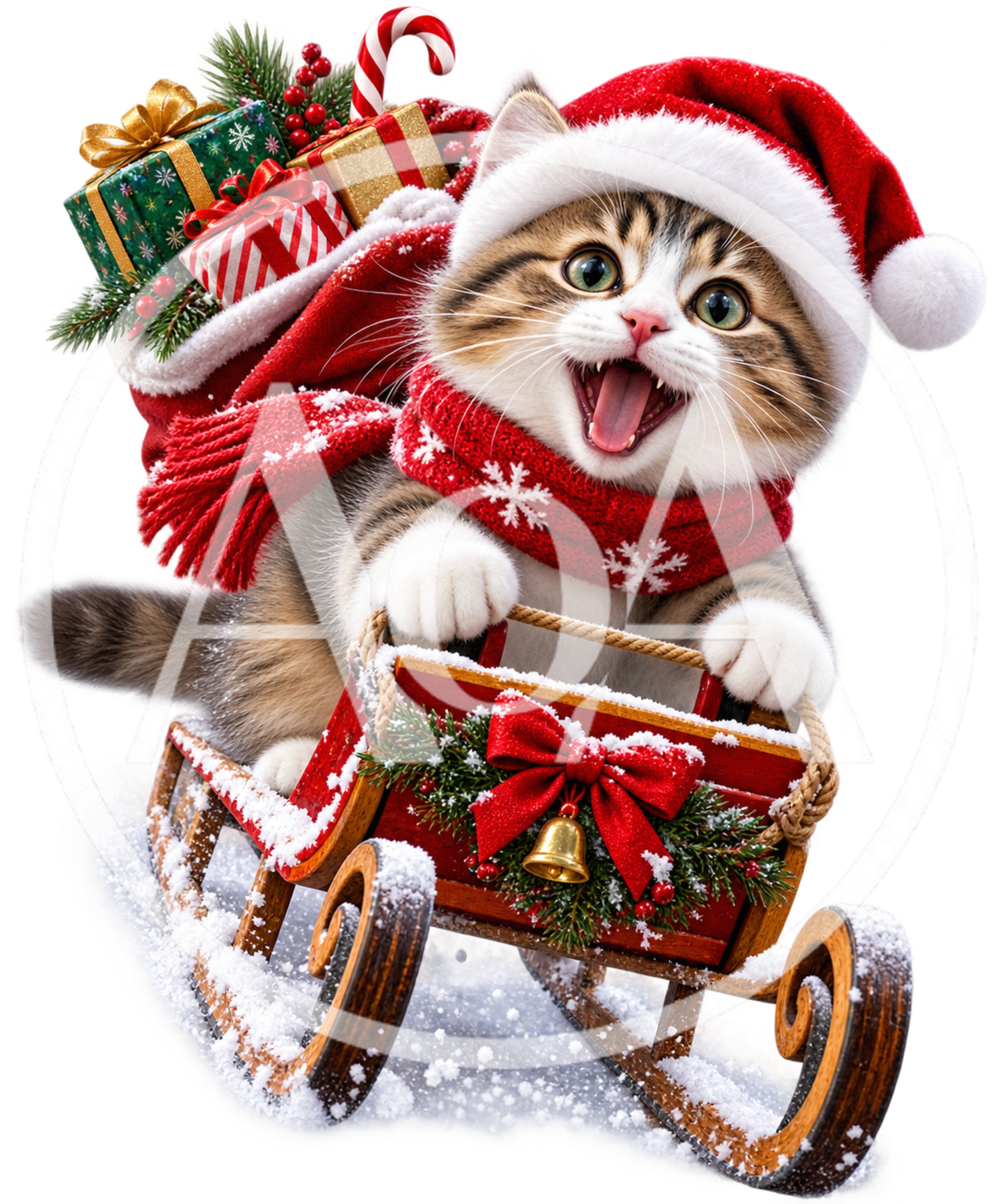 Cute Tabby Kitten Riding A Christmas Sleigh
