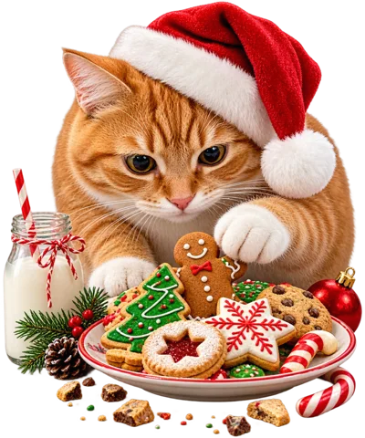 Ginger Cat Wearing Santa Hat With Christmas Cookies