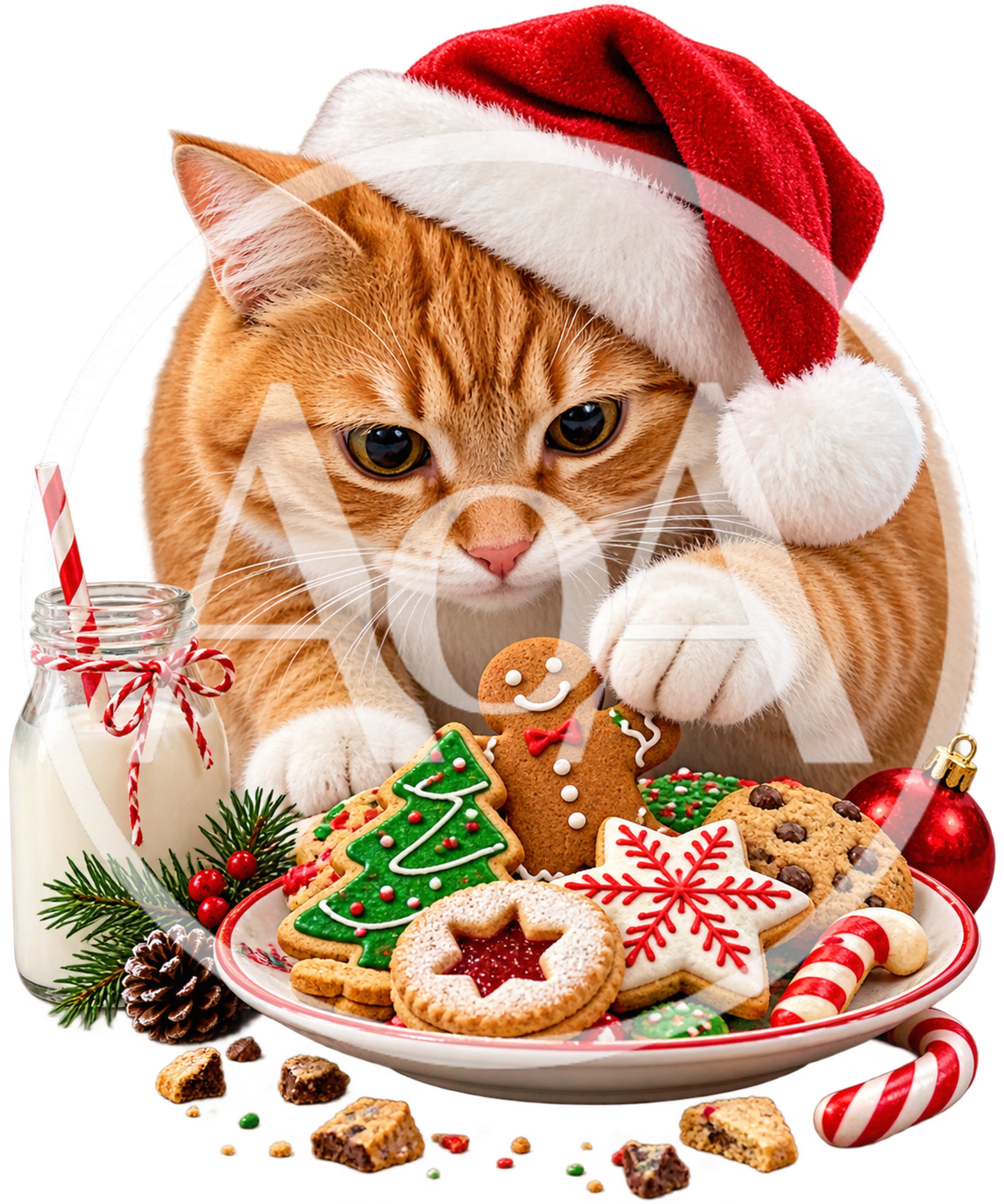 Ginger Cat Wearing Santa Hat With Christmas Cookies