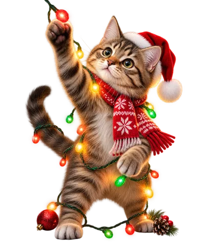 Tabby Kitten Wearing Santa Hat And Christmas Lights