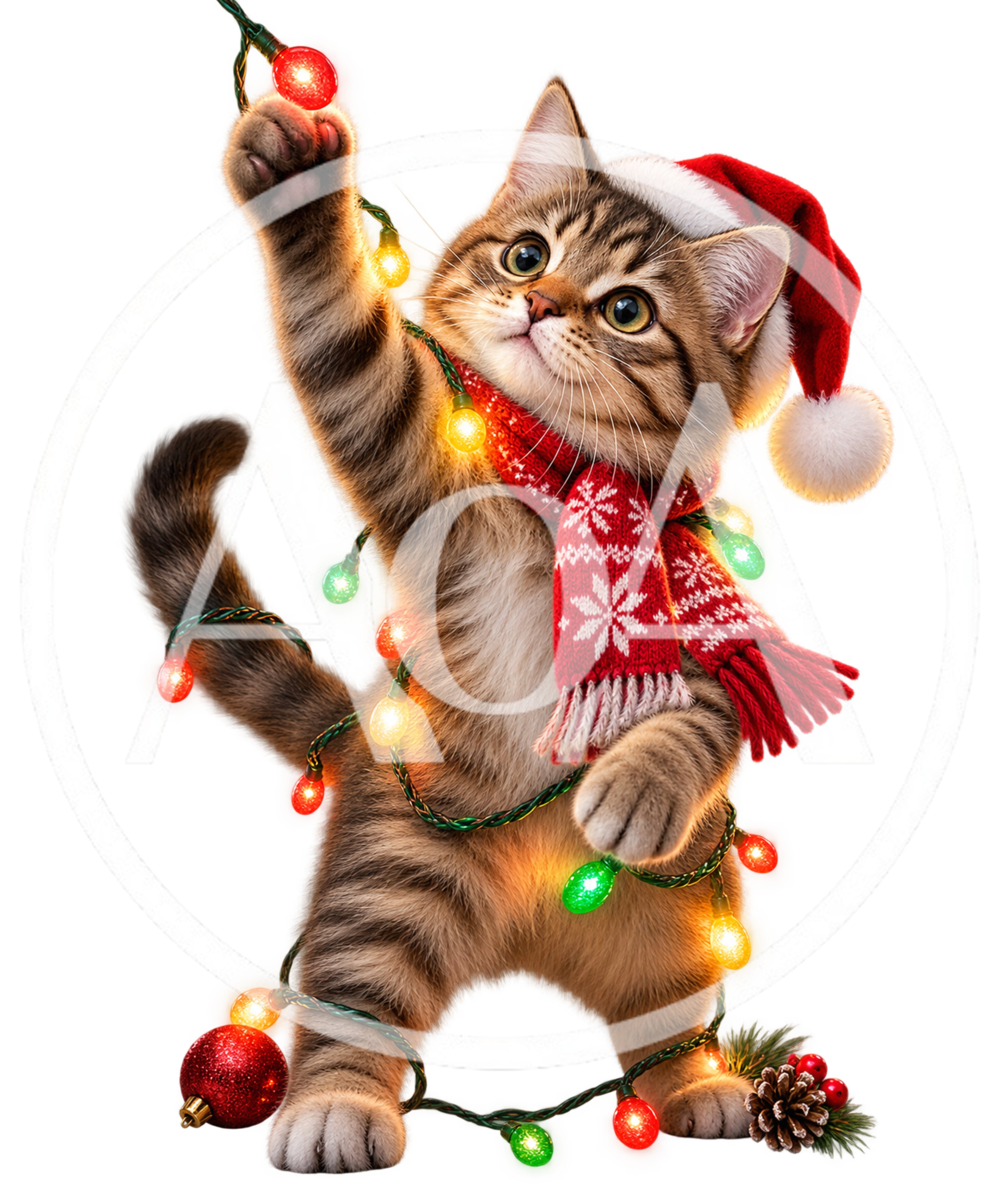 Tabby Kitten Wearing Santa Hat And Christmas Lights