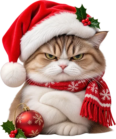 Grumpy Cat Wearing Santa Hat and Christmas Scarf
