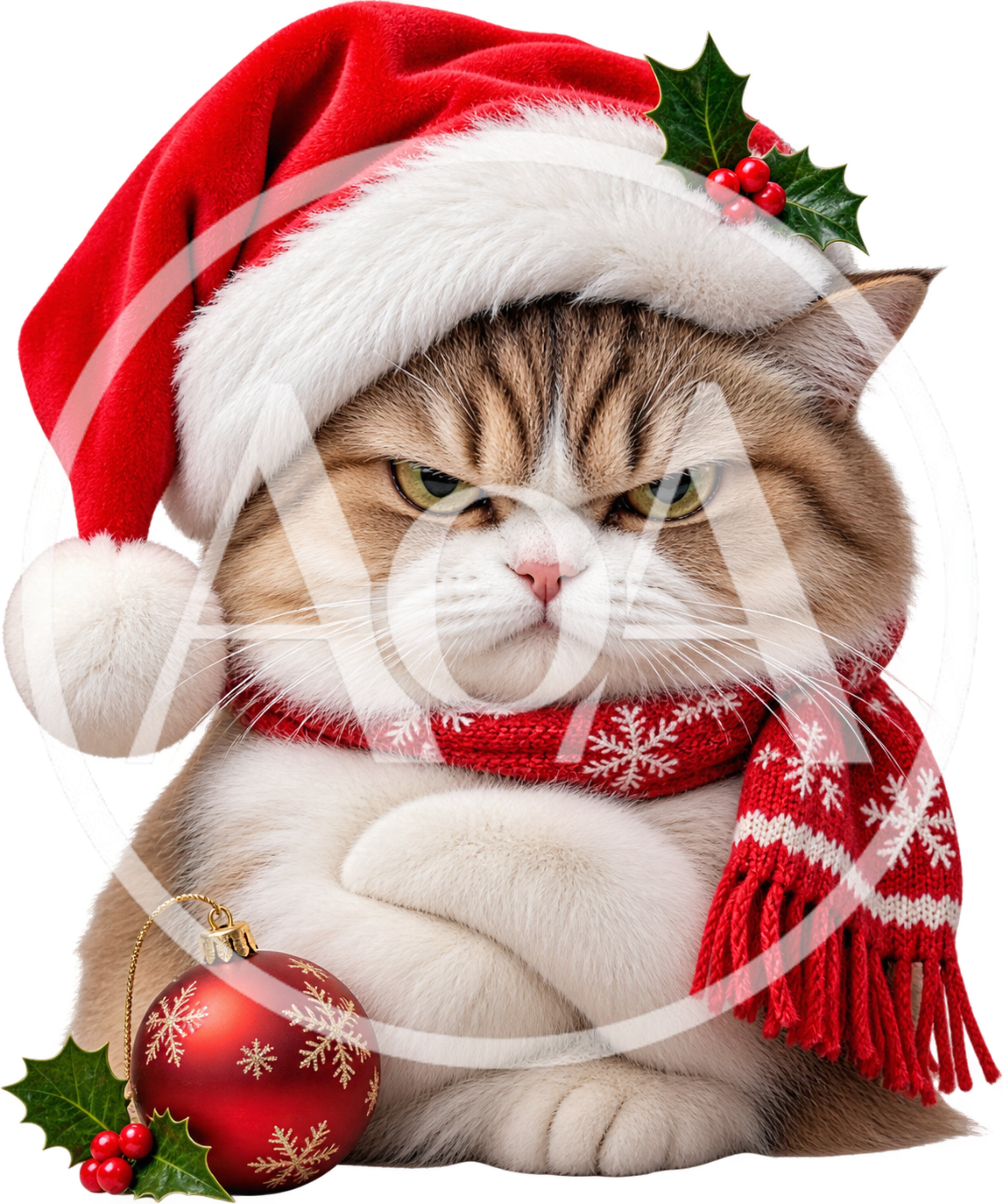 Grumpy Cat Wearing Santa Hat and Christmas Scarf
