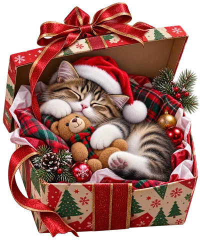 Cute Tabby Kitten Sleeping With Teddy Bear In Gift Box