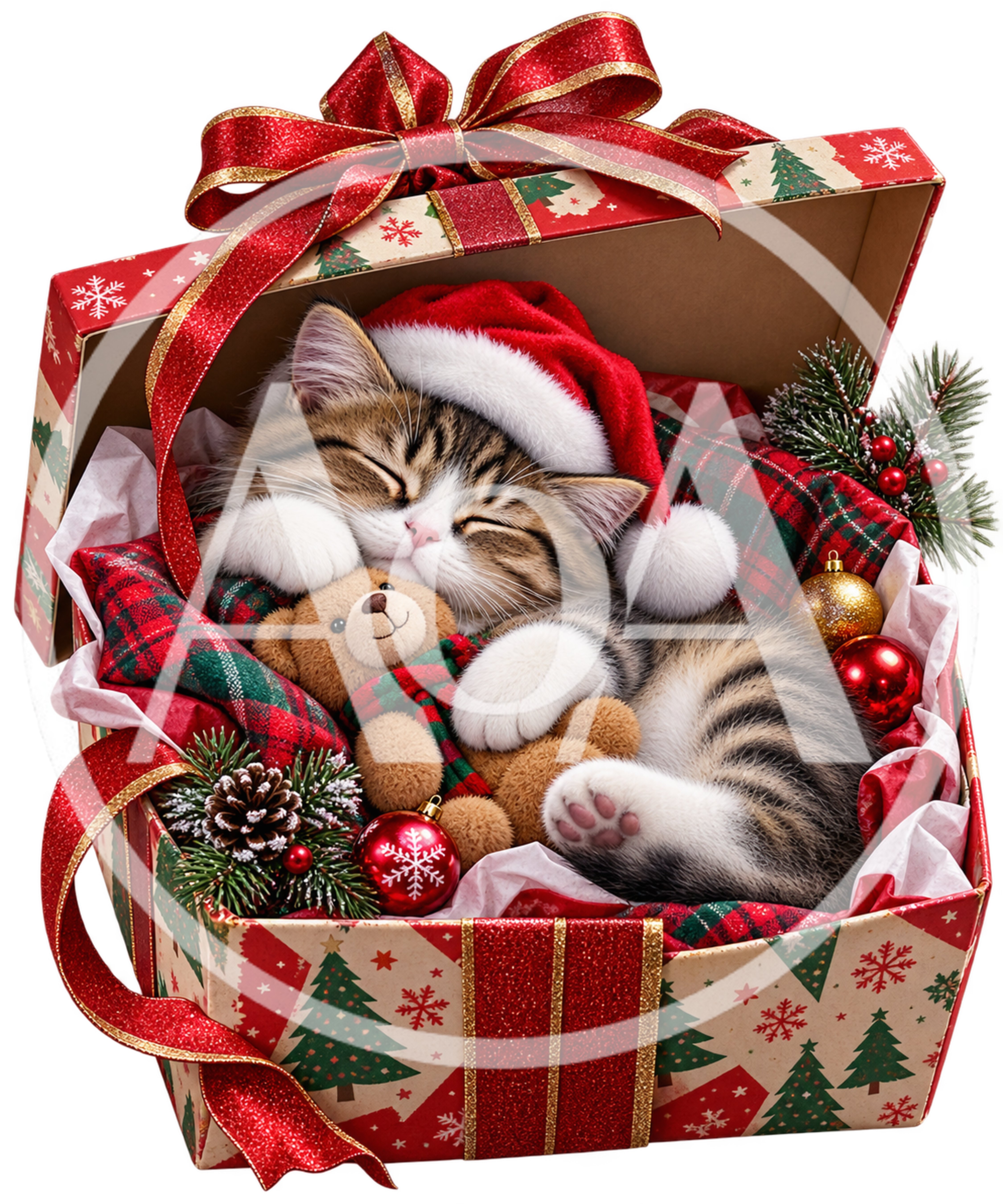 Cute Tabby Kitten Sleeping With Teddy Bear In Gift Box