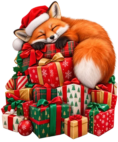 Sleeping Fox Wearing Santa Hat On Christmas Presents