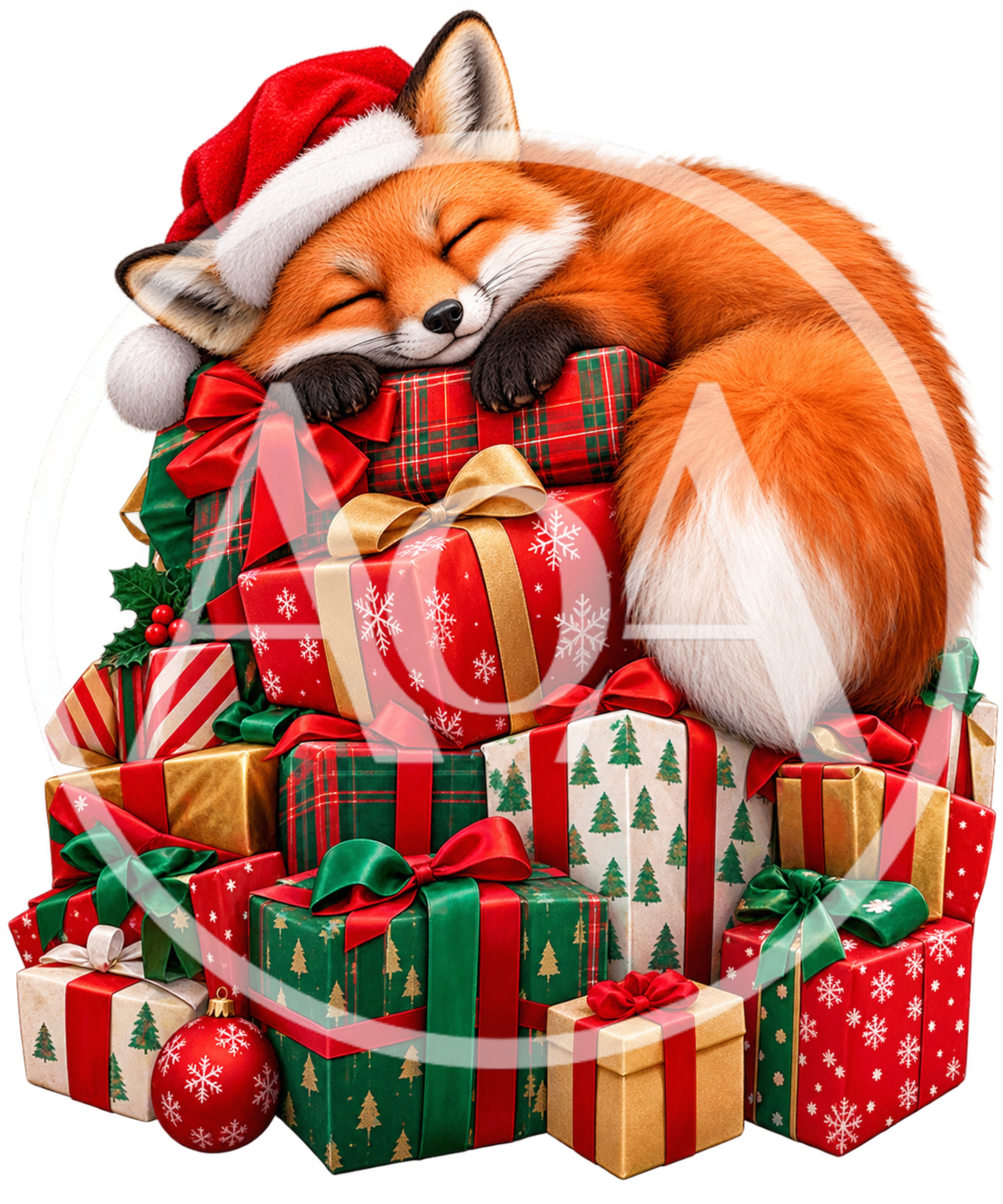 Sleeping Fox Wearing Santa Hat On Christmas Presents