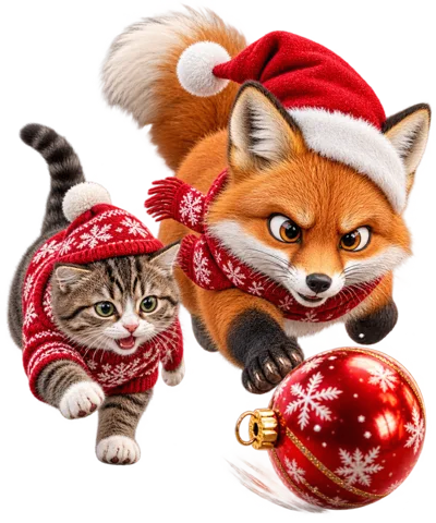 Cute Fox And Tabby Kitten Playing With Christmas Ornament