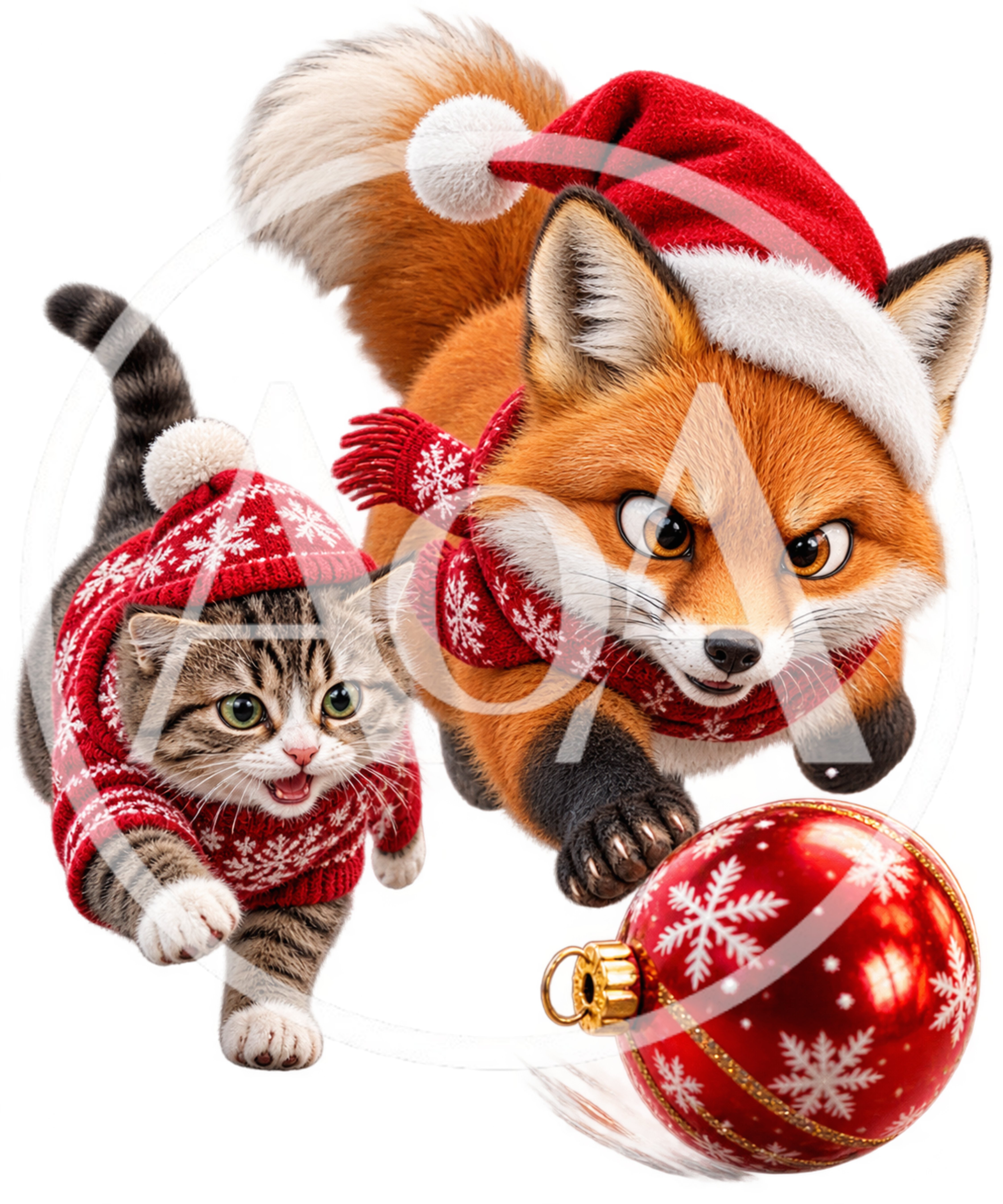 Cute Fox And Tabby Kitten Playing With Christmas Ornament