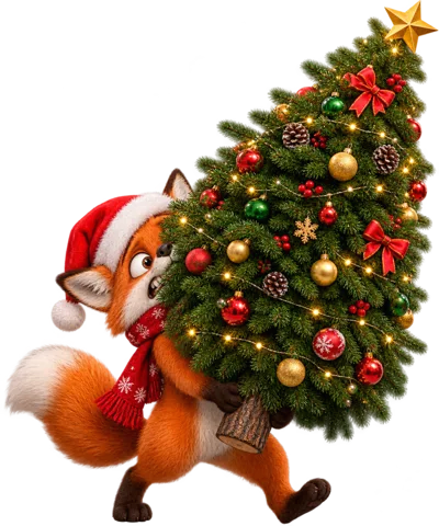 Cartoon Fox Carrying A Decorated Christmas Tree