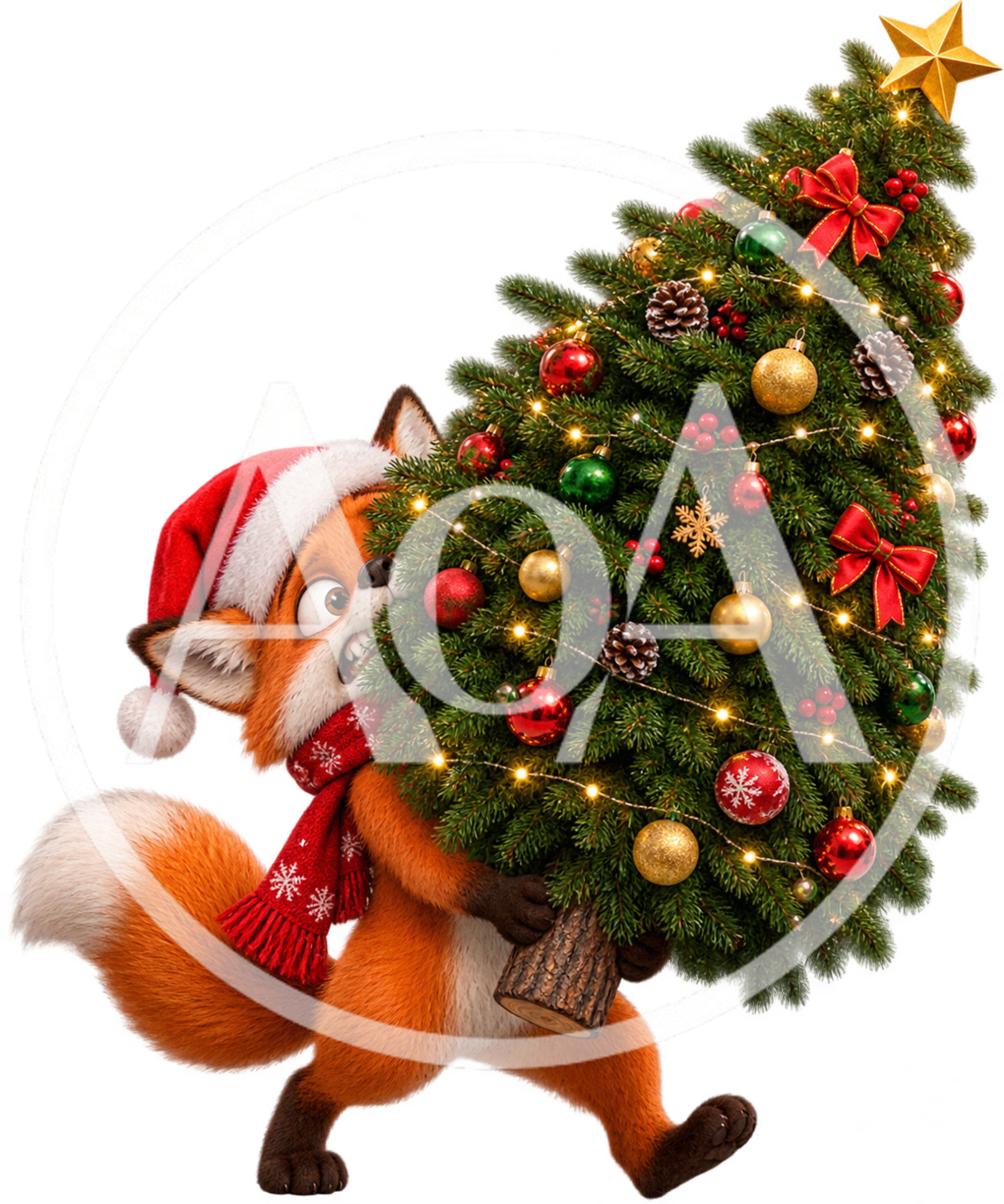 Cartoon Fox Carrying A Decorated Christmas Tree