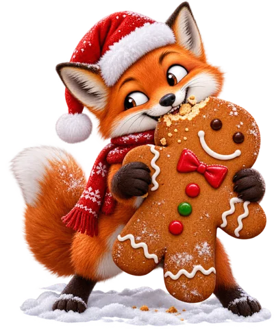 Cute Fox Wearing Santa Hat Eating Gingerbread Man