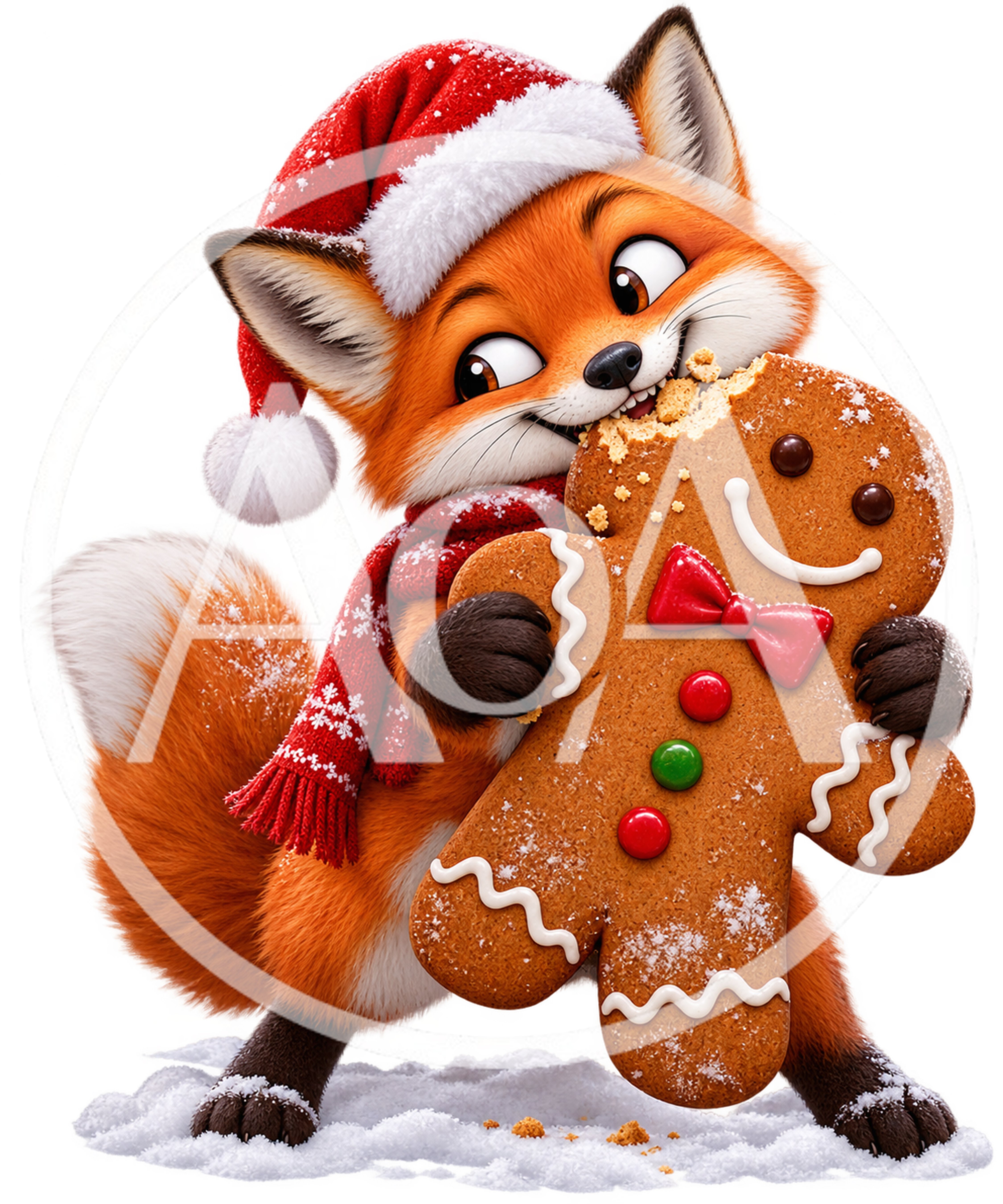 Cute Fox Wearing Santa Hat Eating Gingerbread Man