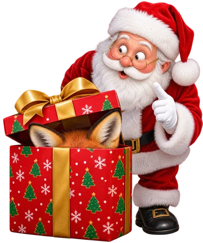 Santa Claus Surprised By Fox In Christmas Gift Box