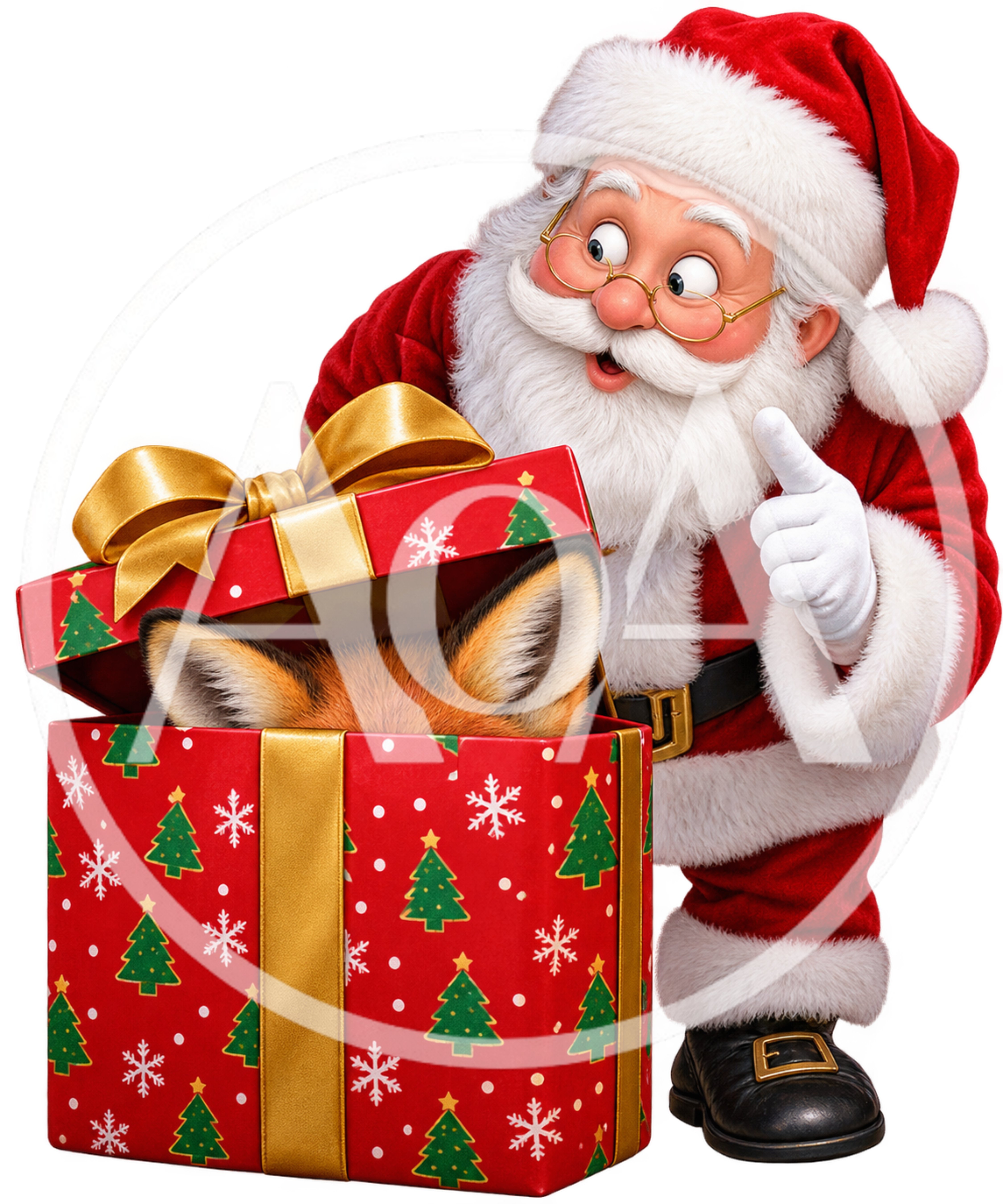 Santa Claus Surprised By Fox In Christmas Gift Box