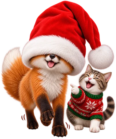 Cute Fox Wearing Santa Hat With Happy Tabby Cat