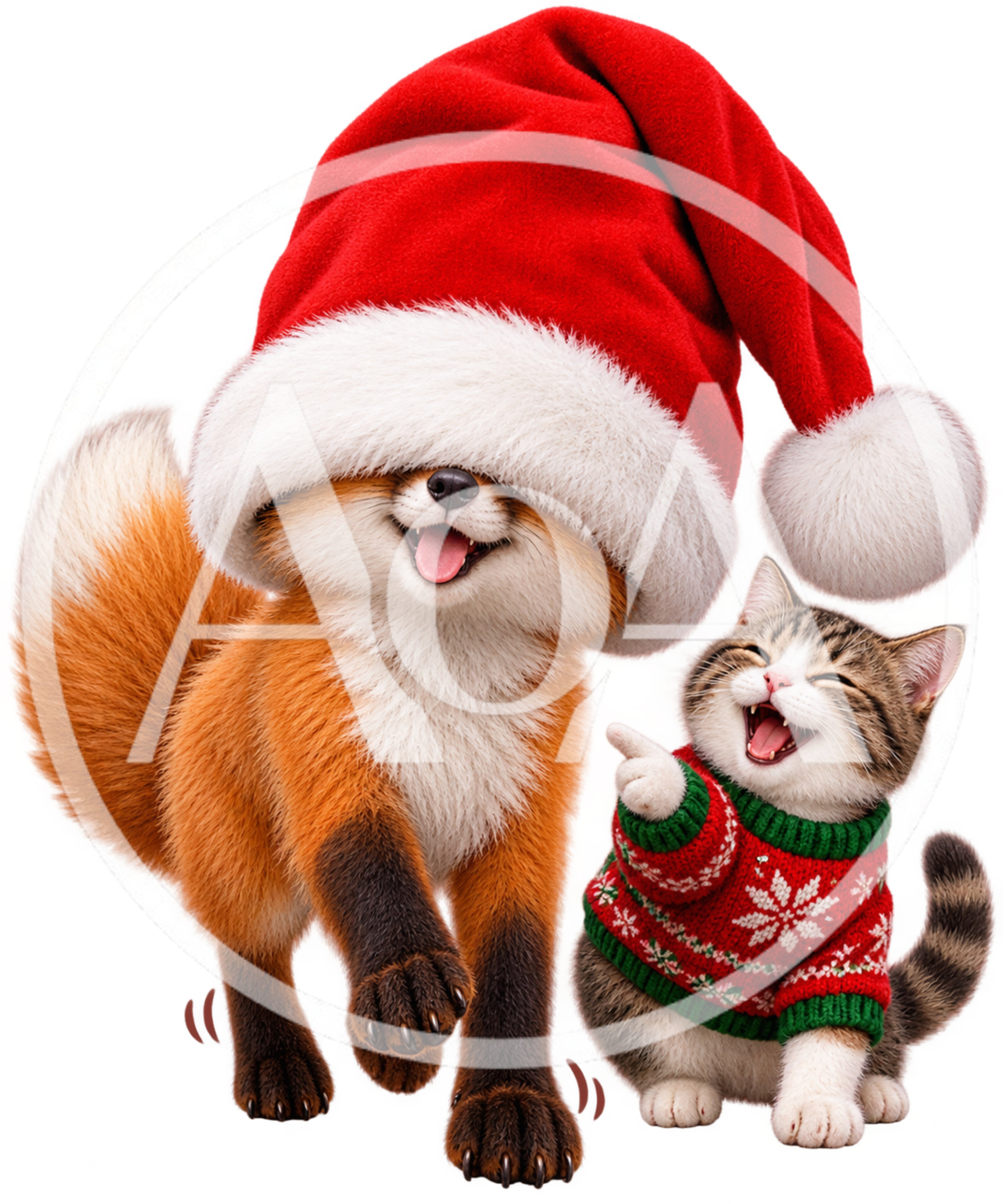 Cute Fox Wearing Santa Hat With Happy Tabby Cat